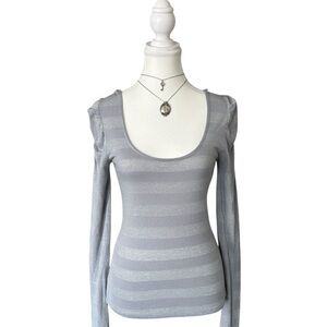 Y2K “Seductions” Grey Shiny Stripe Puff Sleeve Long Sleeve Top